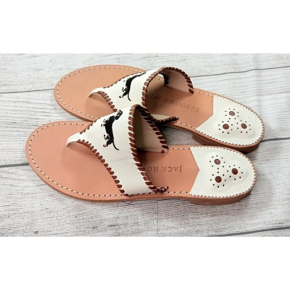 Jack Rogers Embroidered Leather Thong Sandals Dachshund Dog White Brazil Size 11 - Picture 3 of 7